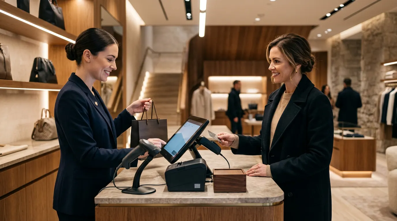 Placeholder concept for a premium retail checkout scene with Ironclad running at the counter