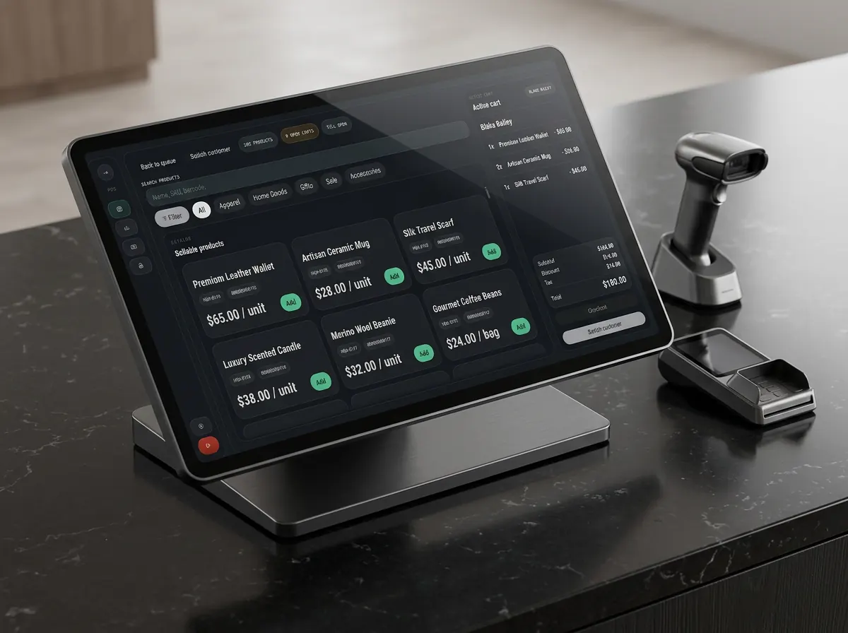 Placeholder concept for Ironclad point-of-sale UI on premium hardware